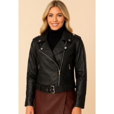 Black Leather Biker Jacket με Ζώνη & Ασημί Λεπτομέρειες